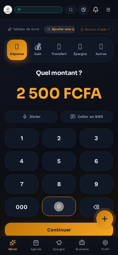 Capture de la saisie MIROIR avec une dépense d’exemple de 2 500 FCFA