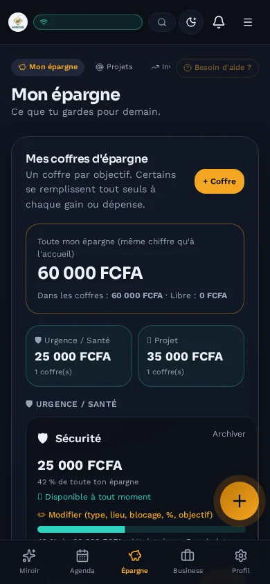 Capture MIROIR des Coffres : exemple de 25 000 FCFA pour la sécurité et 35 000 FCFA pour un voyage